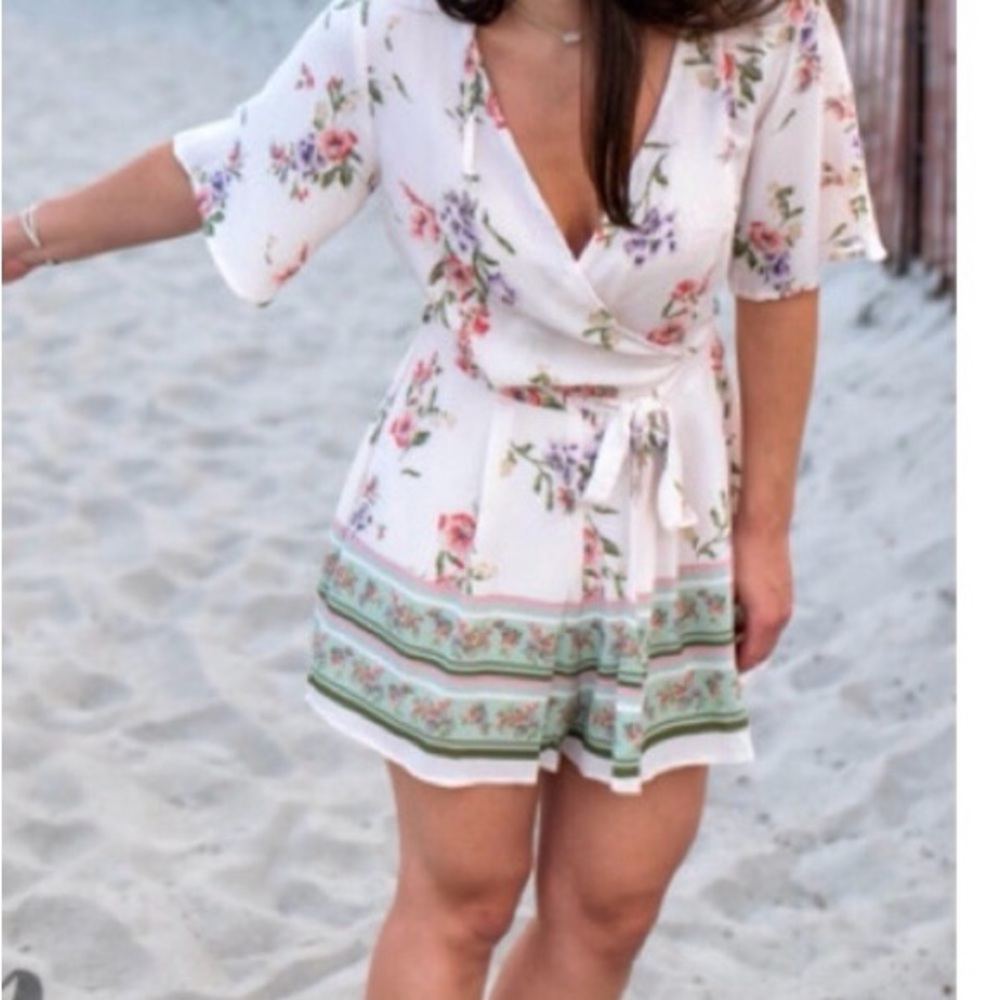White Floral Wrap Romper with Belt